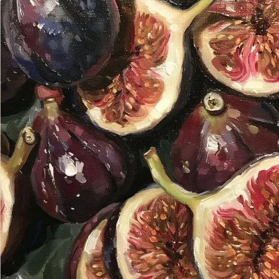 Oil painting of halved and whole purple figs
